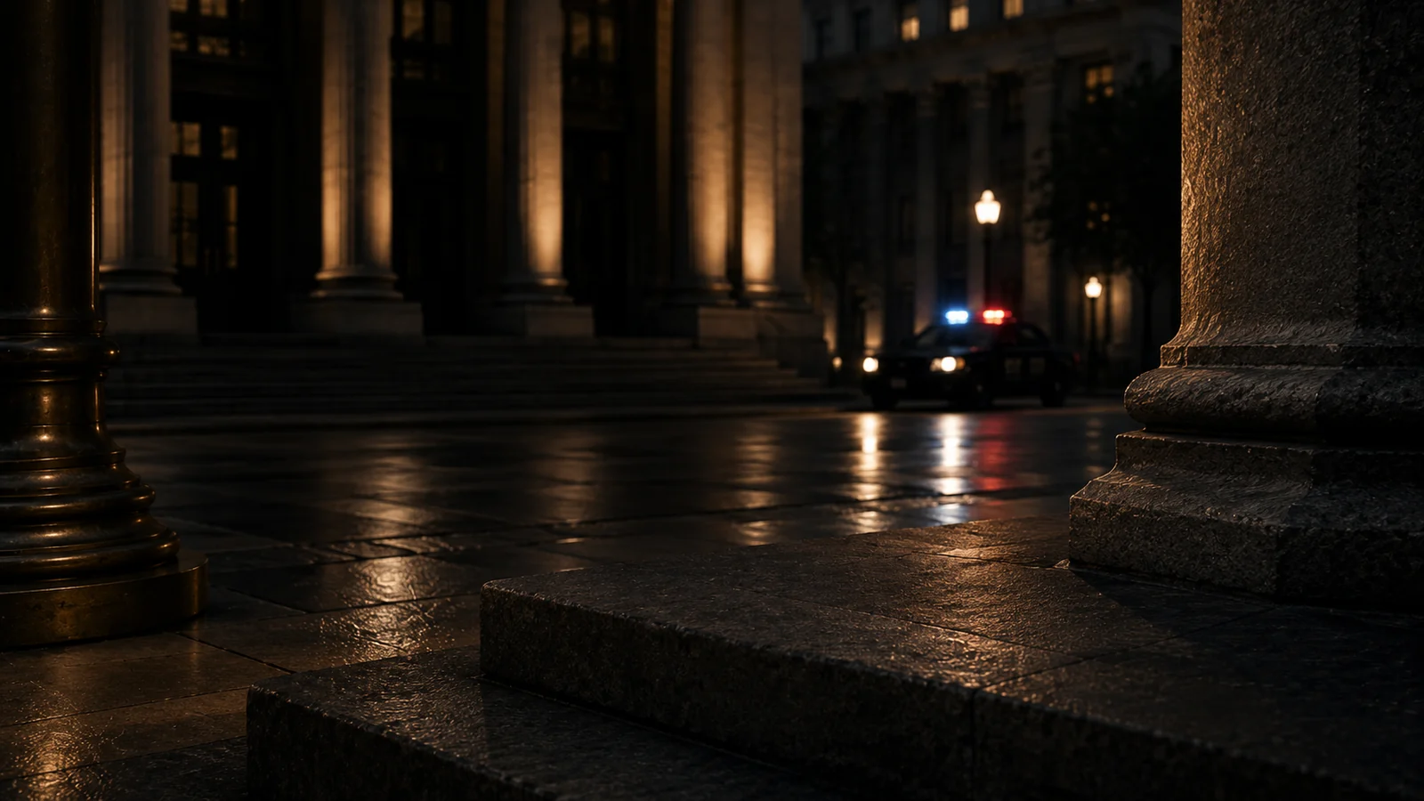 Courthouse architecture reflected at night