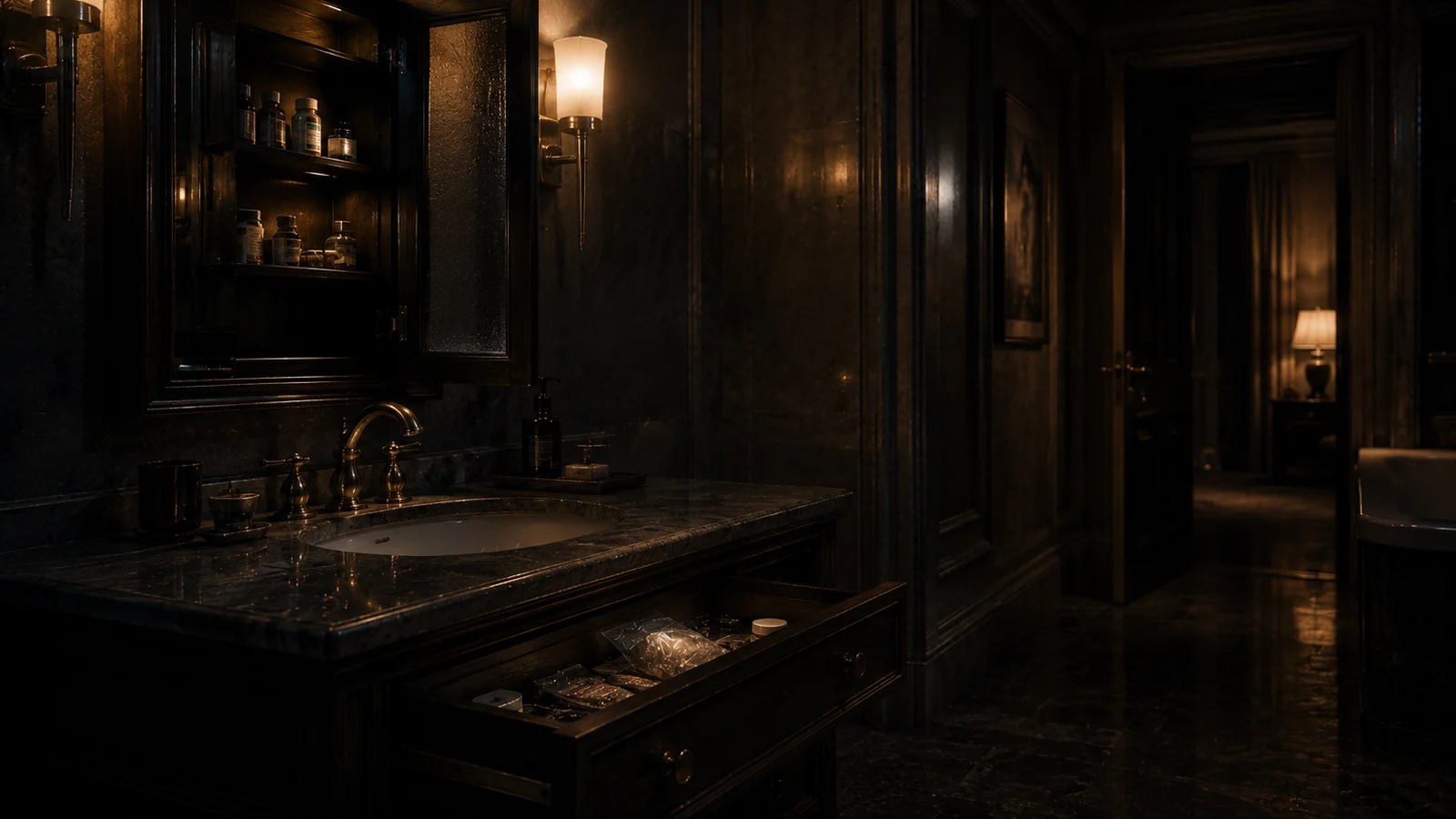 Drug investigation scene in a dark interior