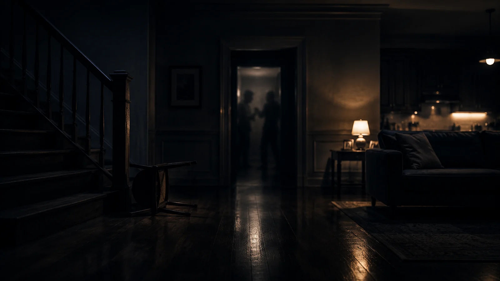 A dark interior representing a domestic violence investigation