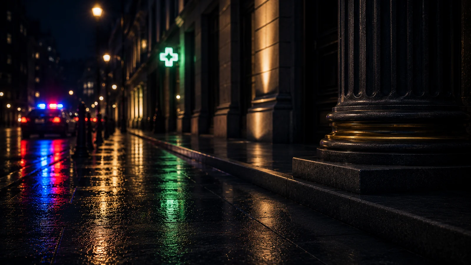 Police lights reflected outside courthouse columns at night