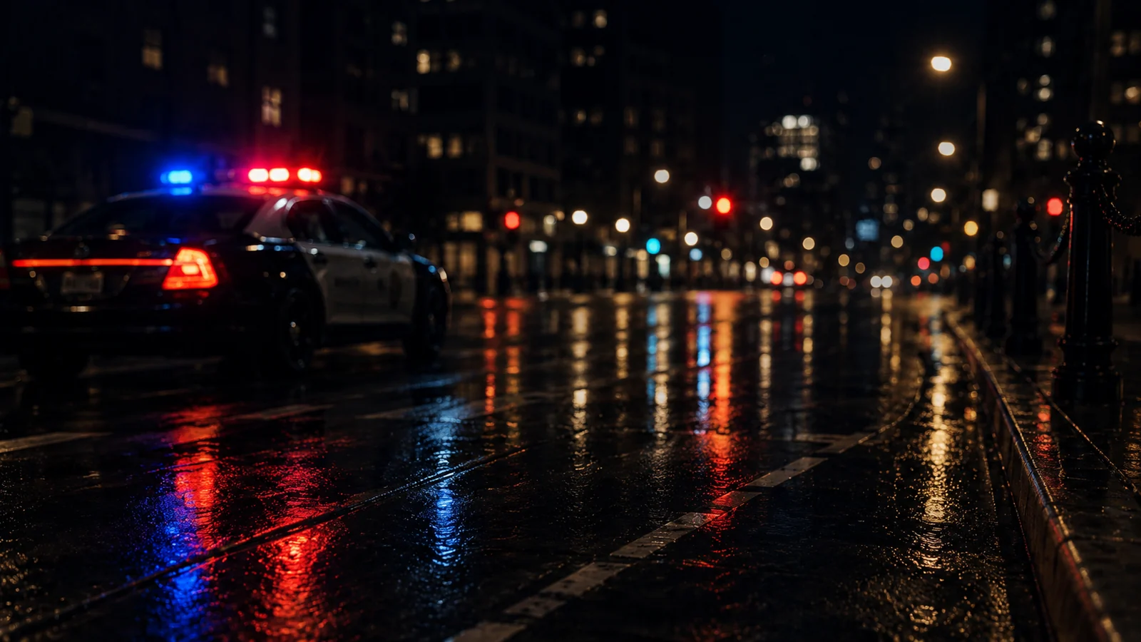 Police vehicles and roadway surveillance reflected on a wet street at night