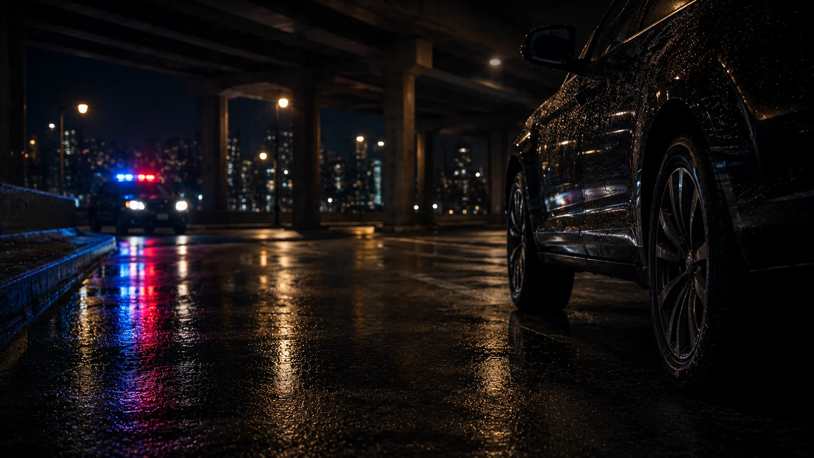 Police lights reflected on a wet roadway at night