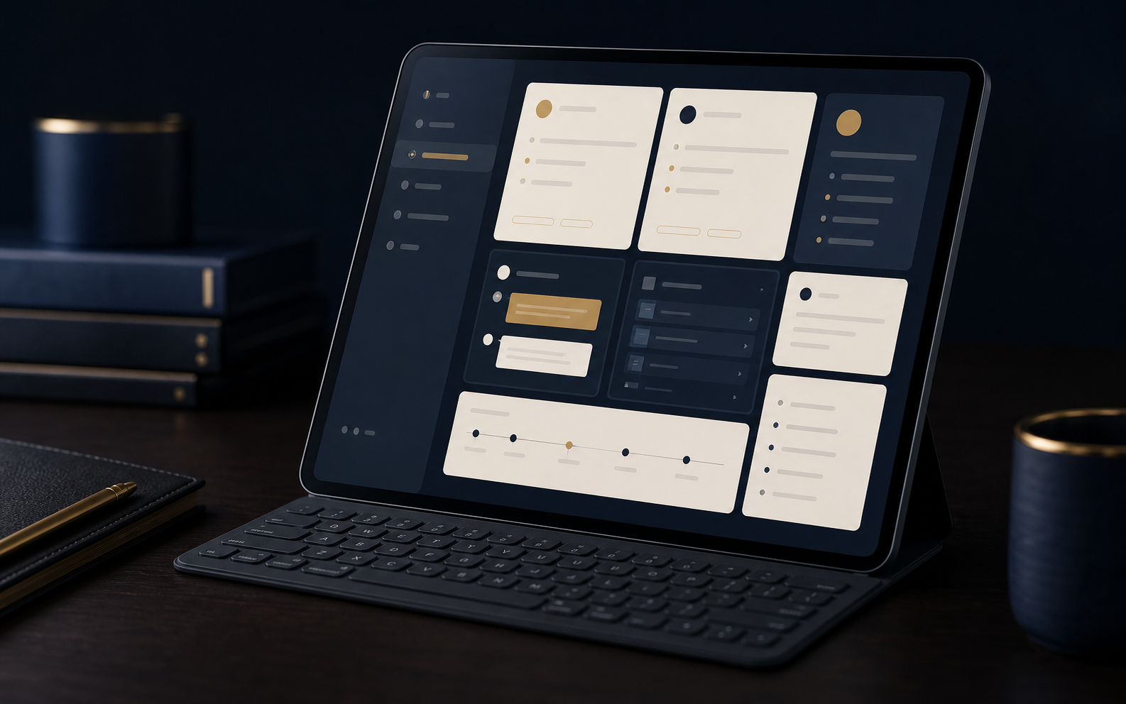 Refined abstract Client Center interface on a dark desk