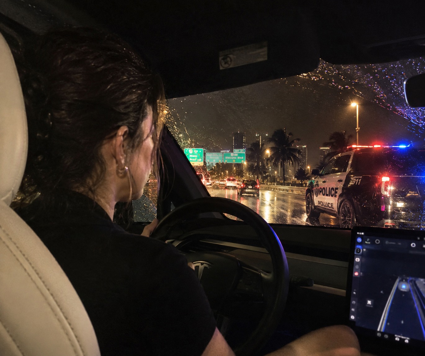 Driver in a Tesla on a rainy Florida roadway at night with police emergency lights nearby